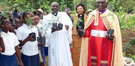 Planting trees has become part of church life in ELCT: (from the right) Bishop Fredrik Shoo, Rev. Faustine Kahwa, Rev. Solomon Massawe and students attending confirmation classes preparing for a tree planting in Tanzania's Northern Diocese. Photo: ELCT