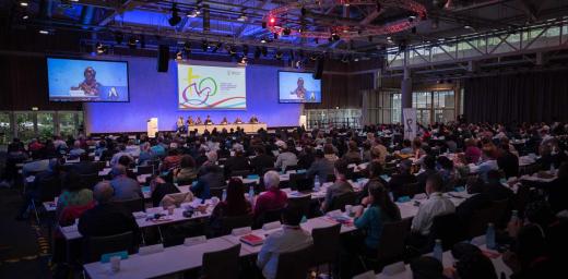WCC central committee moderator Dr Agnes Abuom speaks at the opening plenary of the 11th Assembly of the World Council of Churches, held in Karlsruhe, Germany from 31 August to 8 September, under the theme "Christ's Love Moves the World to Reconciliation and Unity." Photo: Albin HILLERT, WCC