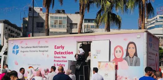 The mobile mammography screening unit, the “Pink Bus”, at Singel village in Ramallah on 3rd October 2022. The bus offers free screenings to women in Palestine and the West Bank. Photo: AVH