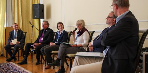 Panel on the situation of minority churches in the Central and Western Europe region. (From left) Michael Martin (moderator), Andreas Wöhle (Protestant Church in the Netherlands), Anna Krauss (Lutheran Council of Great Britain), Renate Dienst (Federation of Evangelical-Lutheran Churches in Switzerland and in the Principality of Liechtenstein), Michael Chalupka (Evangelical Church of the Augsburg Confession in Austria), and Ulrich Rüsen-Weinhold (United Protestant Church of France). Photo: LWF/A. Weyermüller