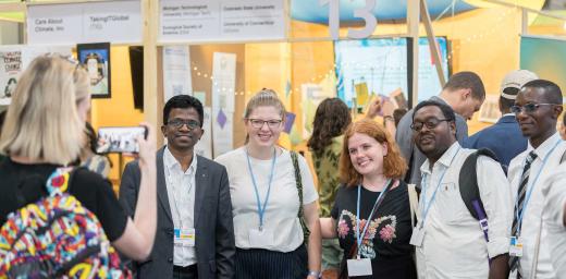 Youth engaged in climate advocacy at COP27: (from left) Angelious Michael (India), Michelle Schwarz (Germany), Laura Meloy (USA), Raj Kundra (India), Erik Kapira (Tanzania). Photo: LWF/Albin Hillert