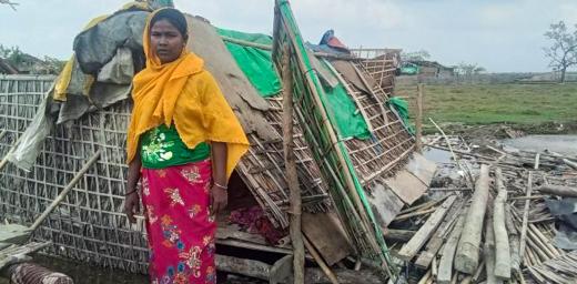 Daw Raw Bi Tu in front of her destroyed home near Sittwe, Myanmar. Photo: LWF Myanmar