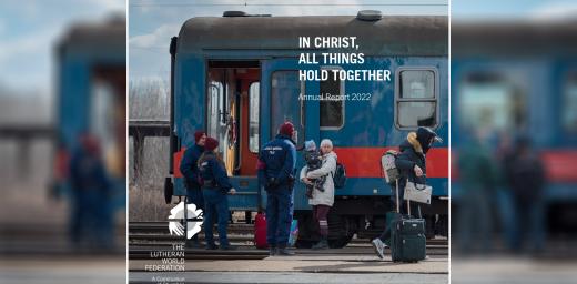 The cover of the 2022 Annual report features a photo of LWF's Ukraine response, which was taken by Albin Hillert. The report was designed by Harri Aittassalo.