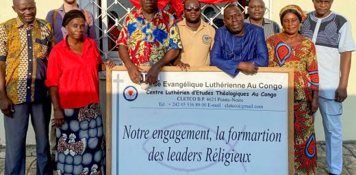 Leaders of the Evangelical Lutheran Church of Congo including the president, Rev. Albert Kouita (fourth from right, in blue shirt) and LWF staff, outside the Lutheran Center for Theological Studies in Brazzaville, where the capacity building workshop was held in February. Photo: LWF/Y. Bovey