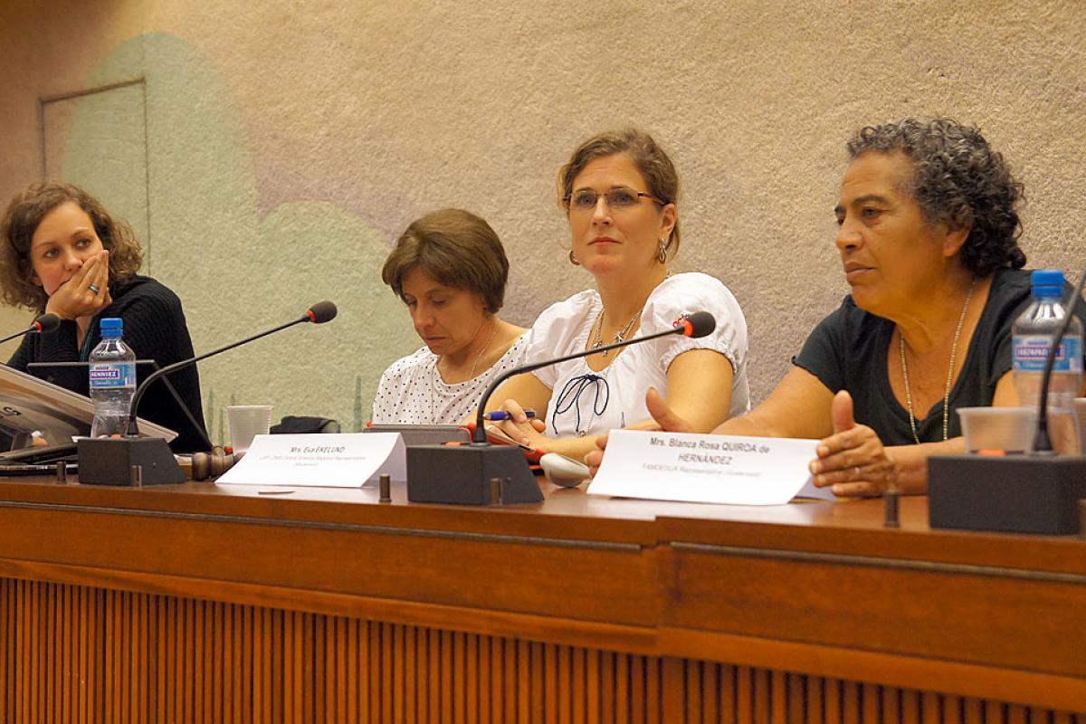 (left to right) Transitional Justice in Guatemala panel members Sofia Duyos Alvarez-Arenas, Marcie Mersky, Eva Ekelund (moderator) and Blanca Rosa Quiroa de Hernández © LWF/T. Rakoto