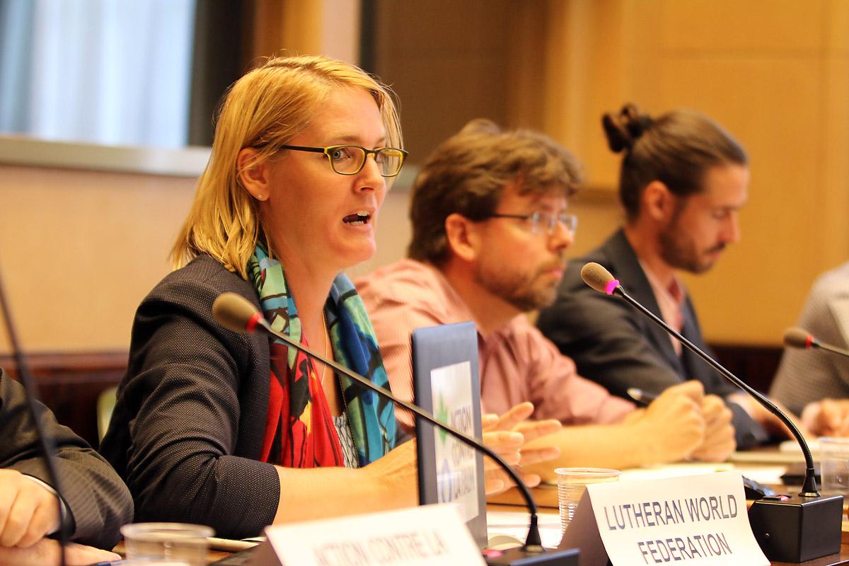Photo: Susan Muis (center), LWF Regional program Officer for CAR, DRC and Chad, speaks at the NGO briefing in the Palais des Nations. Photo: LWF/Peter Kenny