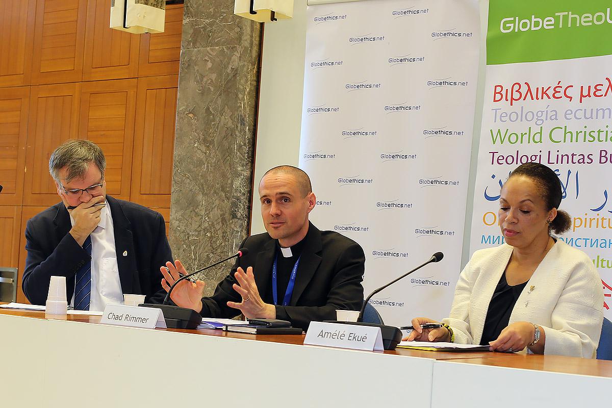 From left to right: Prof. Rudolf Von Sinner (EST), Rev. Dr Chad Rimmer (Study Secretary for Lutheran Theology and Practice) and and Prof. Amélé Ekué (Bossey)  at the GlobeTheoLib Consortium on 13 April in Geneva, Switzerland.