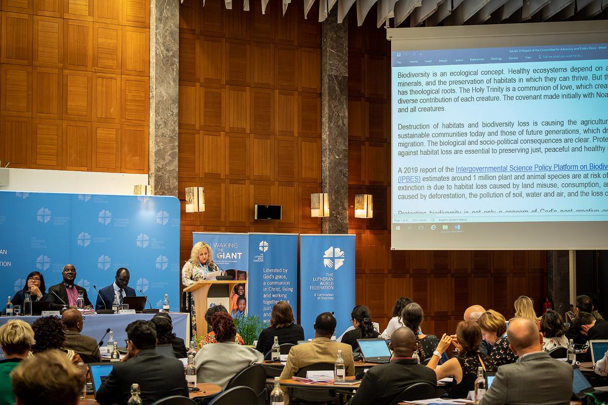 LWF Council members follow discussion on the protection of biodiversity.  The report was presented by the Committee for Advocacy and Public Voice chairperson, Ms Vera Tkach, Federation of Evangelical Lutheran Churches in Russia and Other States. Photo: LWF/Albin Hillert