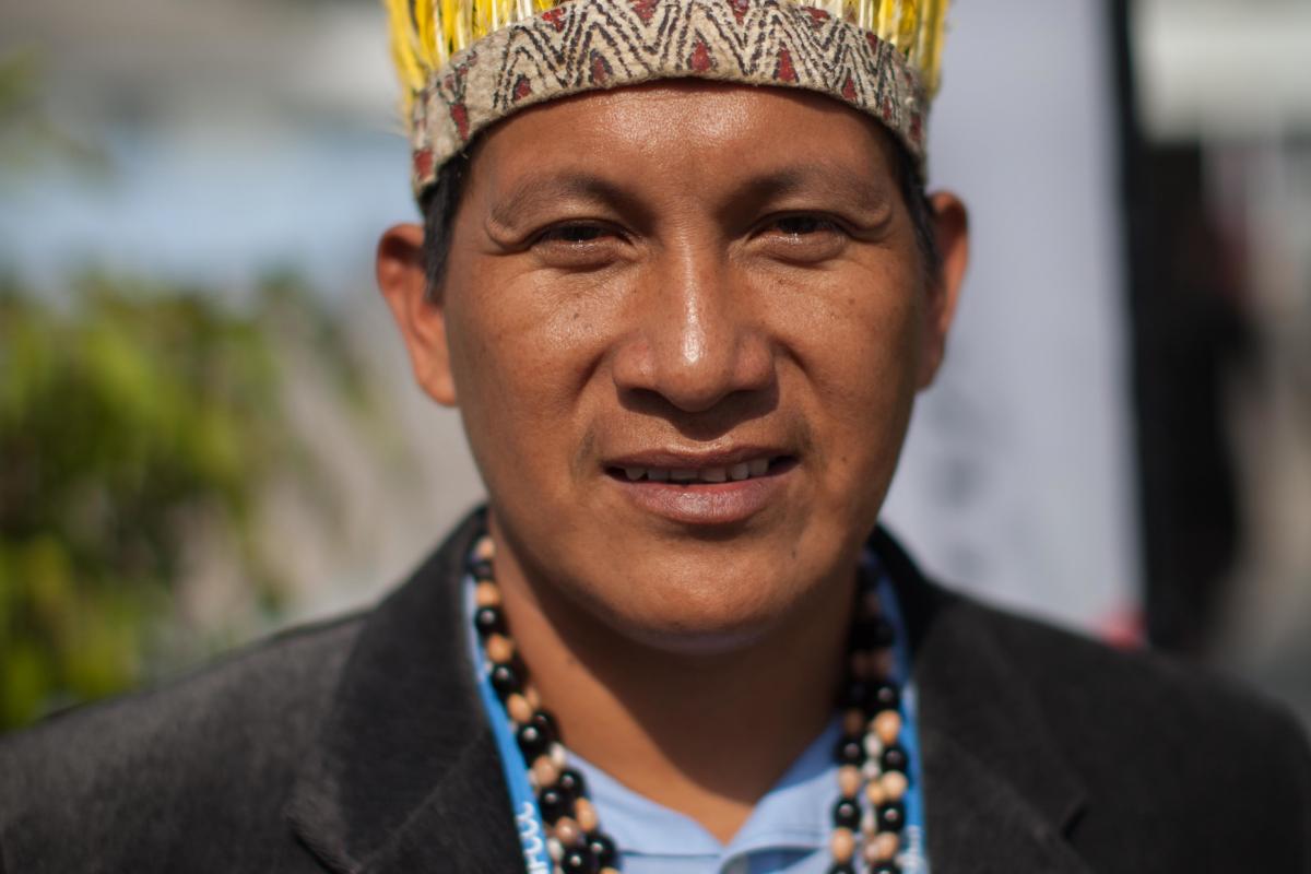 Activist displaying traditional headdress at COP20. Photo: LWF/Sean Hawkey