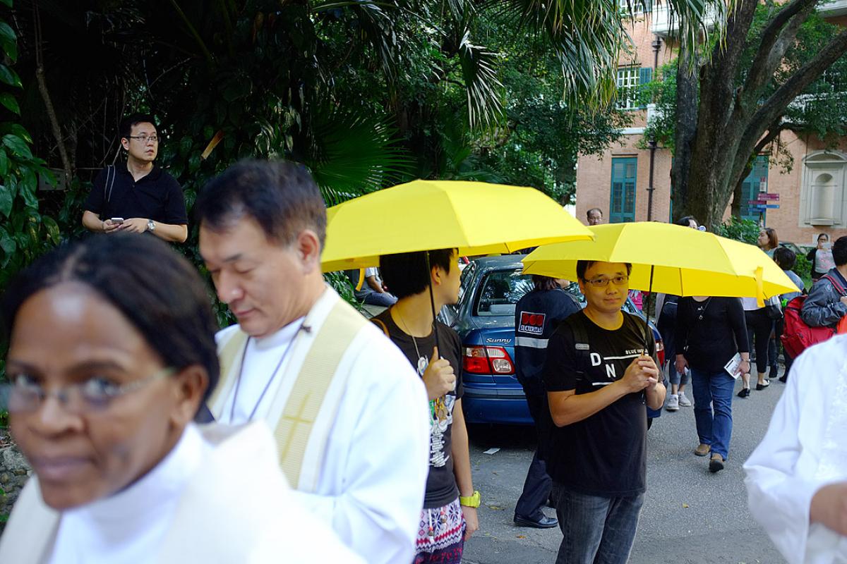 Protesters outside St John’s cathedral, Hong Kong. Photo: Neil Vigers/Anglican Communion Office