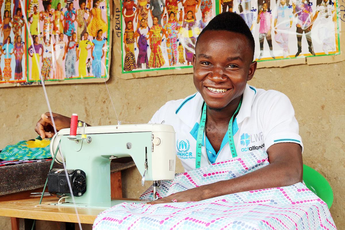 In Uganda, LWF’s humanitarian work includes support to people who have fled conflict in neighboring South Sudan and DRC. At the Rwamwanja refugee settlement, Congolese Zubert Masuku is now a highly skilled fashion designer, who also trains fellow youth for free. Photo: LWF/ S. Nalubega
