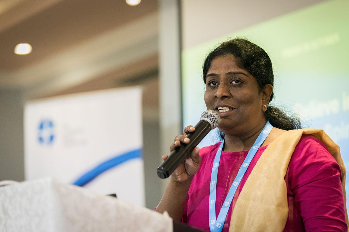 Rev. Caroline Christopher, from the Arcot Lutheran Church in India, leads a Bible study on 'freedom and fruit of the Spirit' at the global consultation on Lutheran Identities in Addis Ababa from 23 to 27 October 2019. Photo: LWF/Albin Hillert