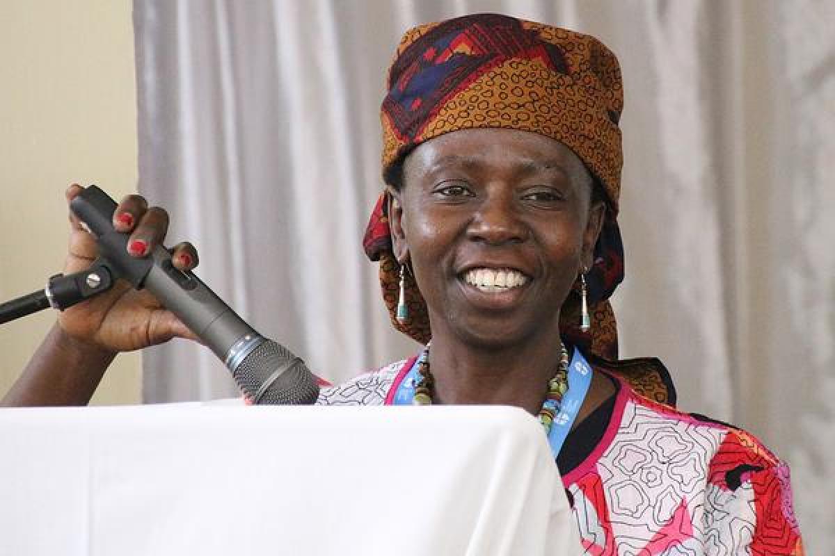 Global Fund for Women president, Dr Musimbi Kanyoro, addresses Lutheran church delegates at the May 2015 African region consultation and 60th anniversary gathering in Moshi, Tanzania. Photo: LWF/Tsion Alemayehu