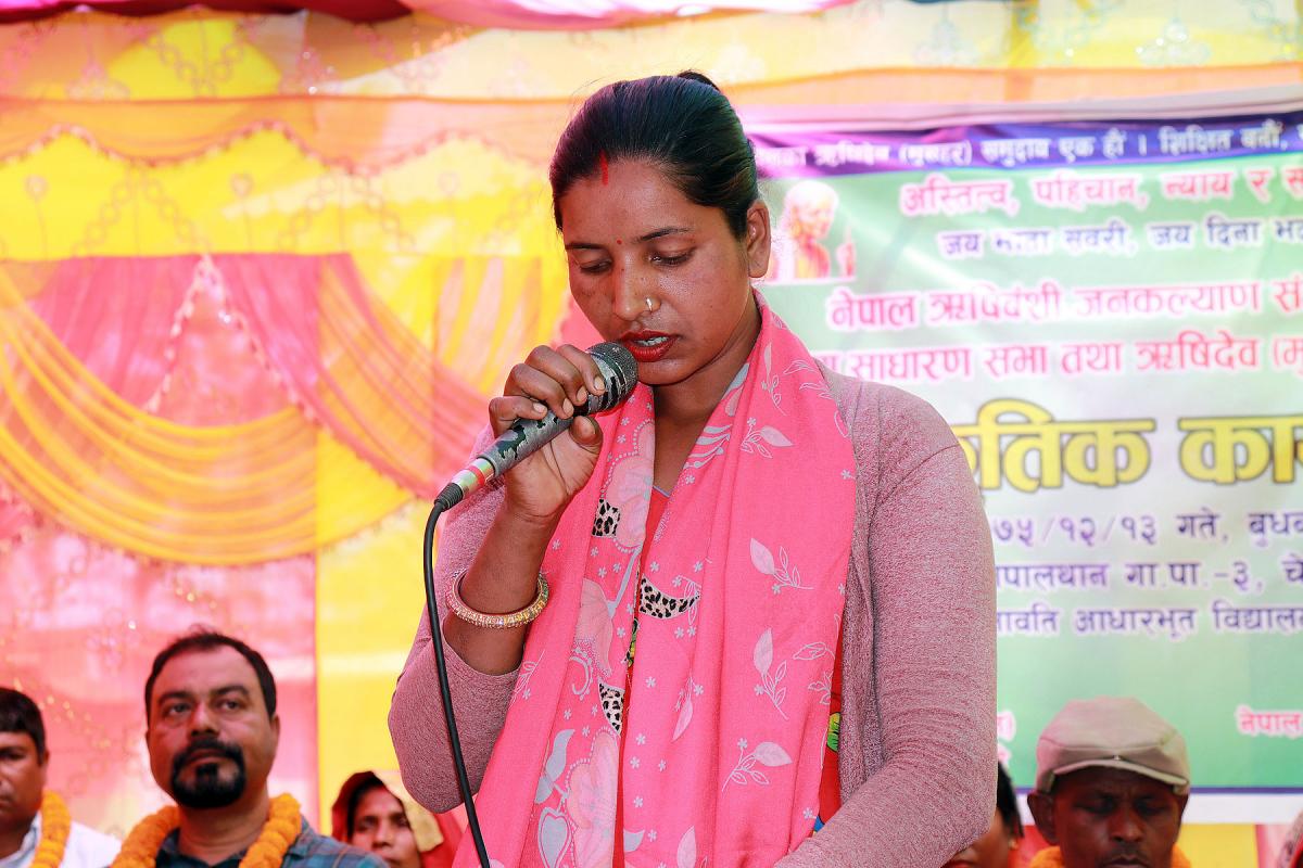 Ms. Sarashowti Rishidev, treasurer for the District Federation of Musahar Organizations supported by LWF Nepal, at a community gathering before the lockdown began. All Photos: LWF Nepal 