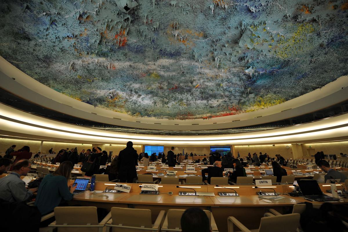 The ceiling of the Human Rights Council, in the Palais des Nations. Because of the COVID-19 crisis, the 44th session took place online. Photo: LWF/C. Kästner