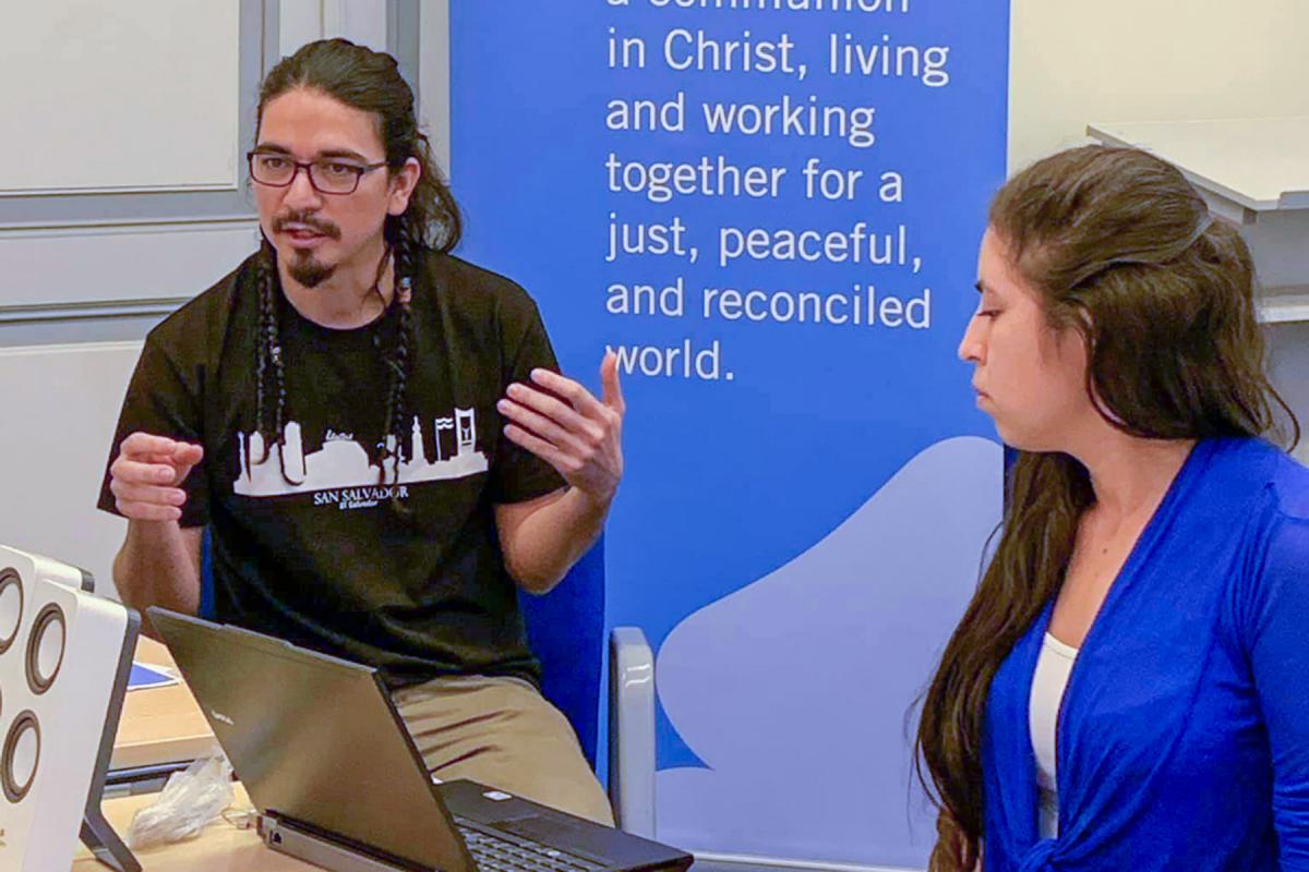 At the 2019 Peace Messengers international training workshop in Tallinn, Estonia, Juan Carlos Orantes Rodríguez (left) and Oneyda Elizabeth Fuentes Rivera, sharing about the church’s role in peacebuilding in El Salvador. Photo: LWF/S. Kit
